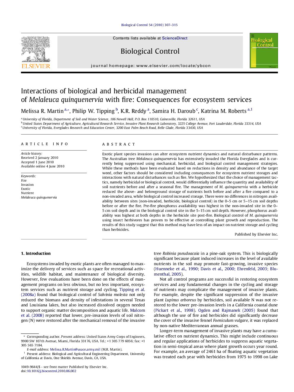 Interactions of biological and herbicidal management of Melaleuca quinquenervia with fire: Consequences for ecosystem services