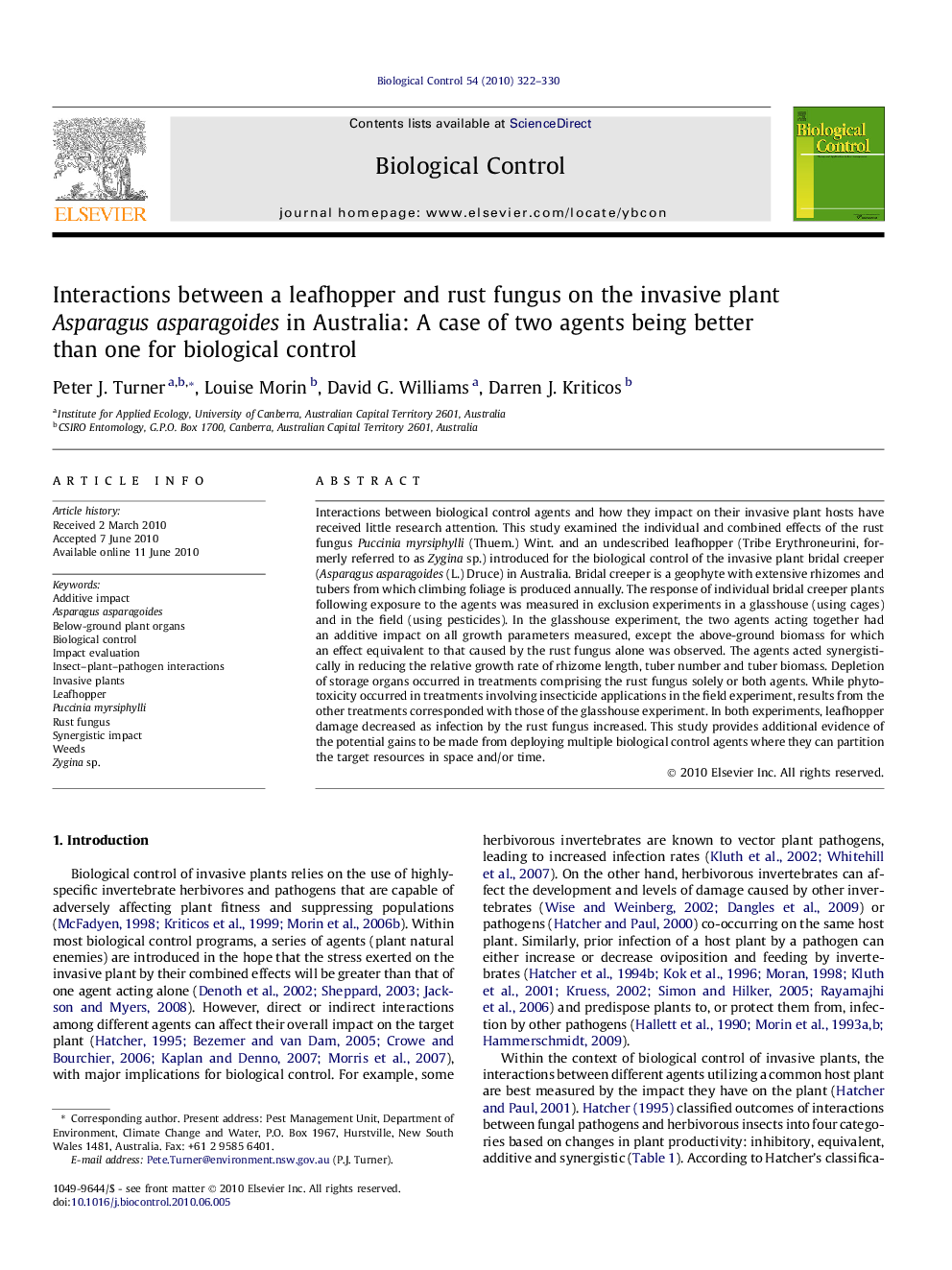 Interactions between a leafhopper and rust fungus on the invasive plant Asparagus asparagoides in Australia: A case of two agents being better than one for biological control