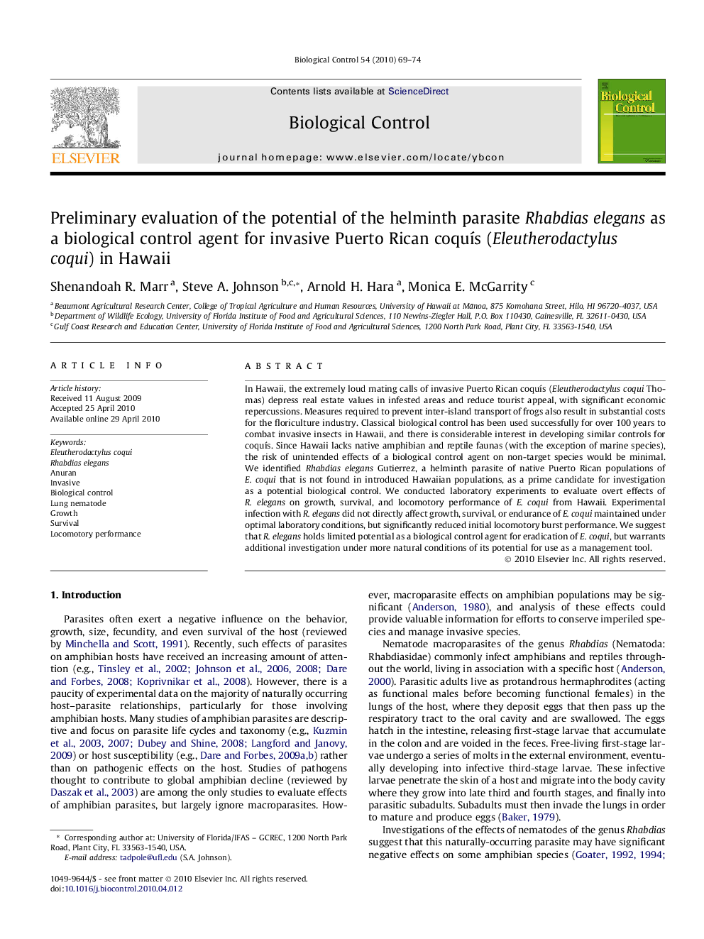 Preliminary evaluation of the potential of the helminth parasite Rhabdias elegans as a biological control agent for invasive Puerto Rican coquís (Eleutherodactylus coqui) in Hawaii