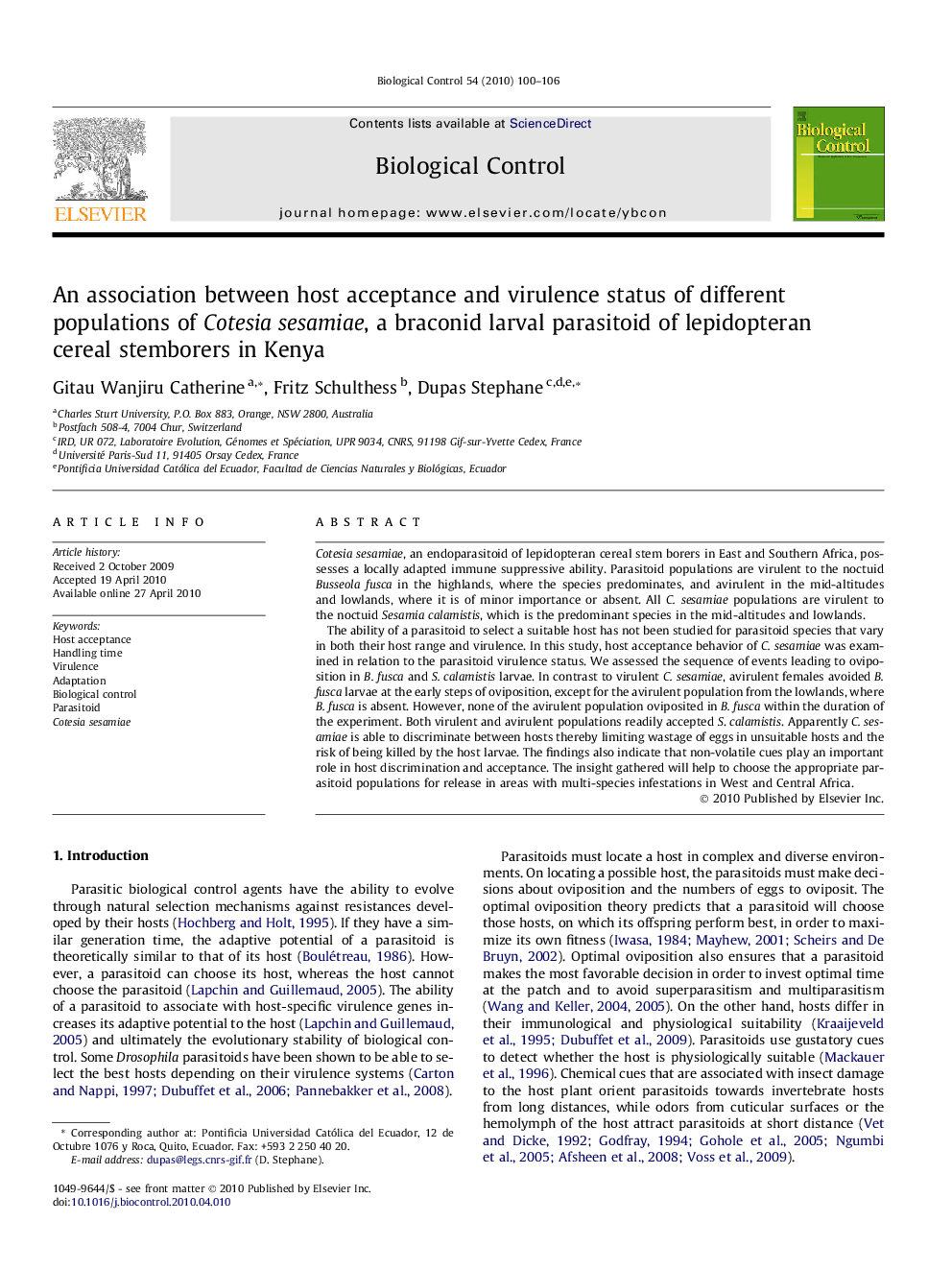 An association between host acceptance and virulence status of different populations of Cotesia sesamiae, a braconid larval parasitoid of lepidopteran cereal stemborers in Kenya