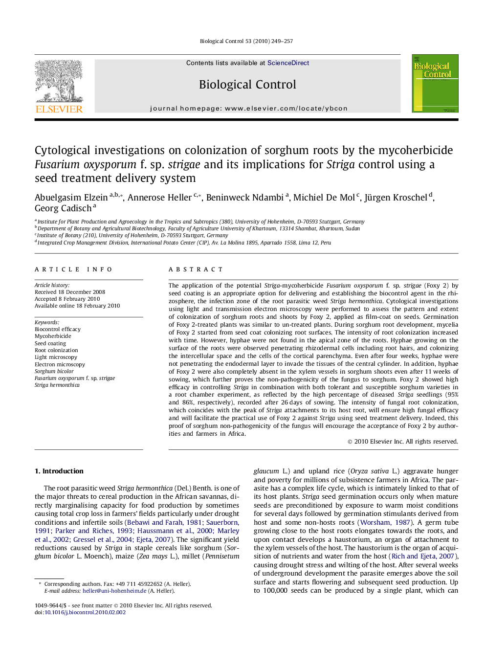 Cytological investigations on colonization of sorghum roots by the mycoherbicide Fusarium oxysporum f. sp. strigae and its implications for Striga control using a seed treatment delivery system