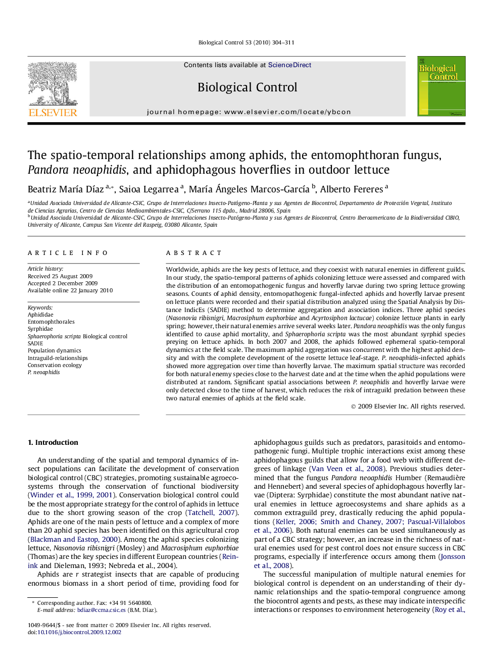 The spatio-temporal relationships among aphids, the entomophthoran fungus, Pandora neoaphidis, and aphidophagous hoverflies in outdoor lettuce