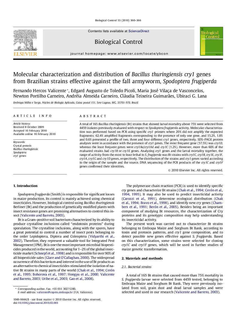 Molecular characterization and distribution of Bacillus thuringiensis cry1 genes from Brazilian strains effective against the fall armyworm, Spodoptera frugiperda