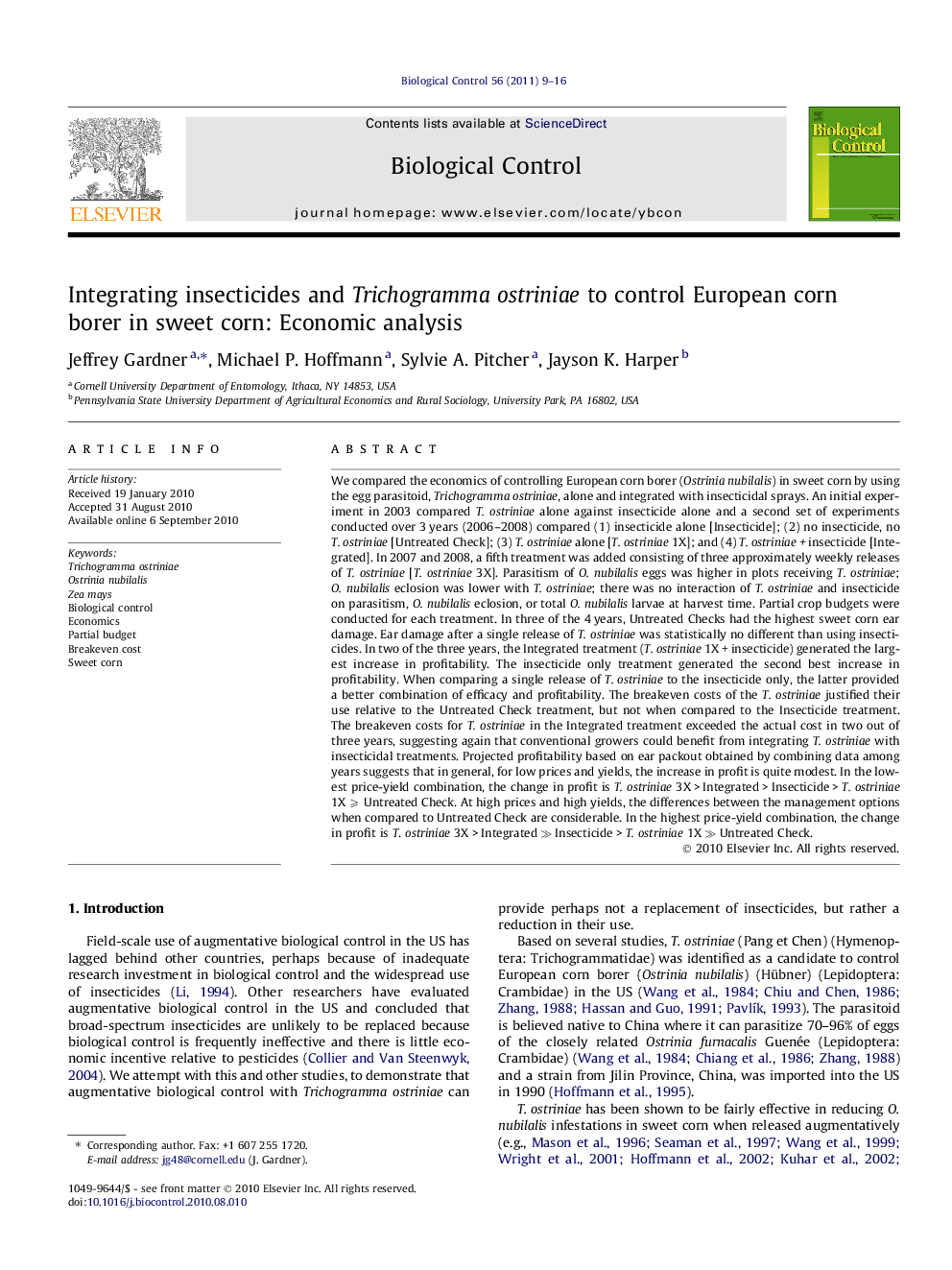 Integrating insecticides and Trichogramma ostriniae to control European corn borer in sweet corn: Economic analysis