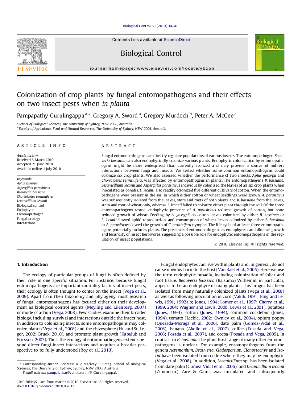 Colonization of crop plants by fungal entomopathogens and their effects on two insect pests when in planta