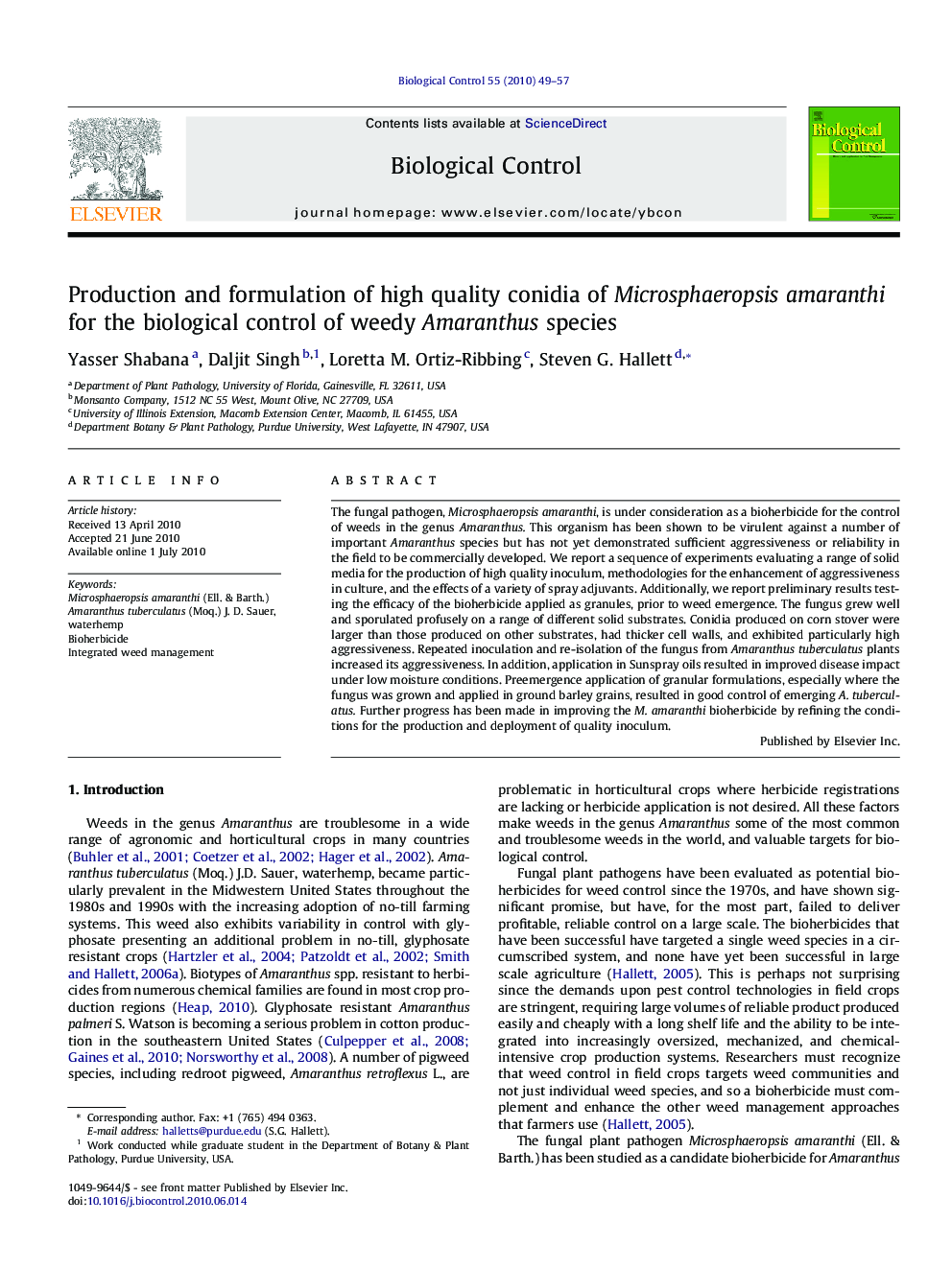 Production and formulation of high quality conidia of Microsphaeropsis amaranthi for the biological control of weedy Amaranthus species