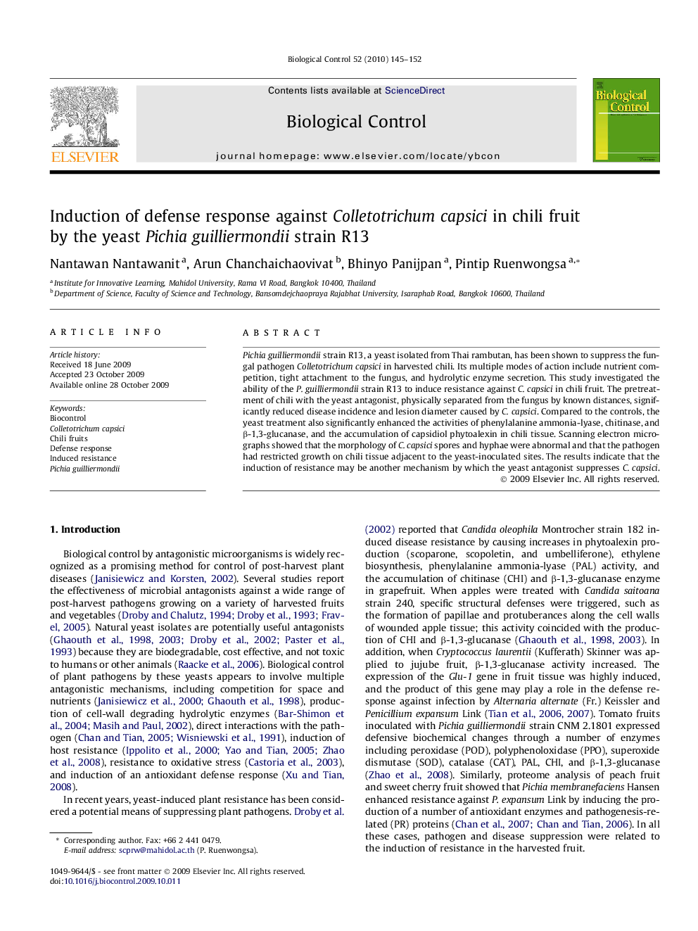 Induction of defense response against Colletotrichum capsici in chili fruit by the yeast Pichia guilliermondii strain R13