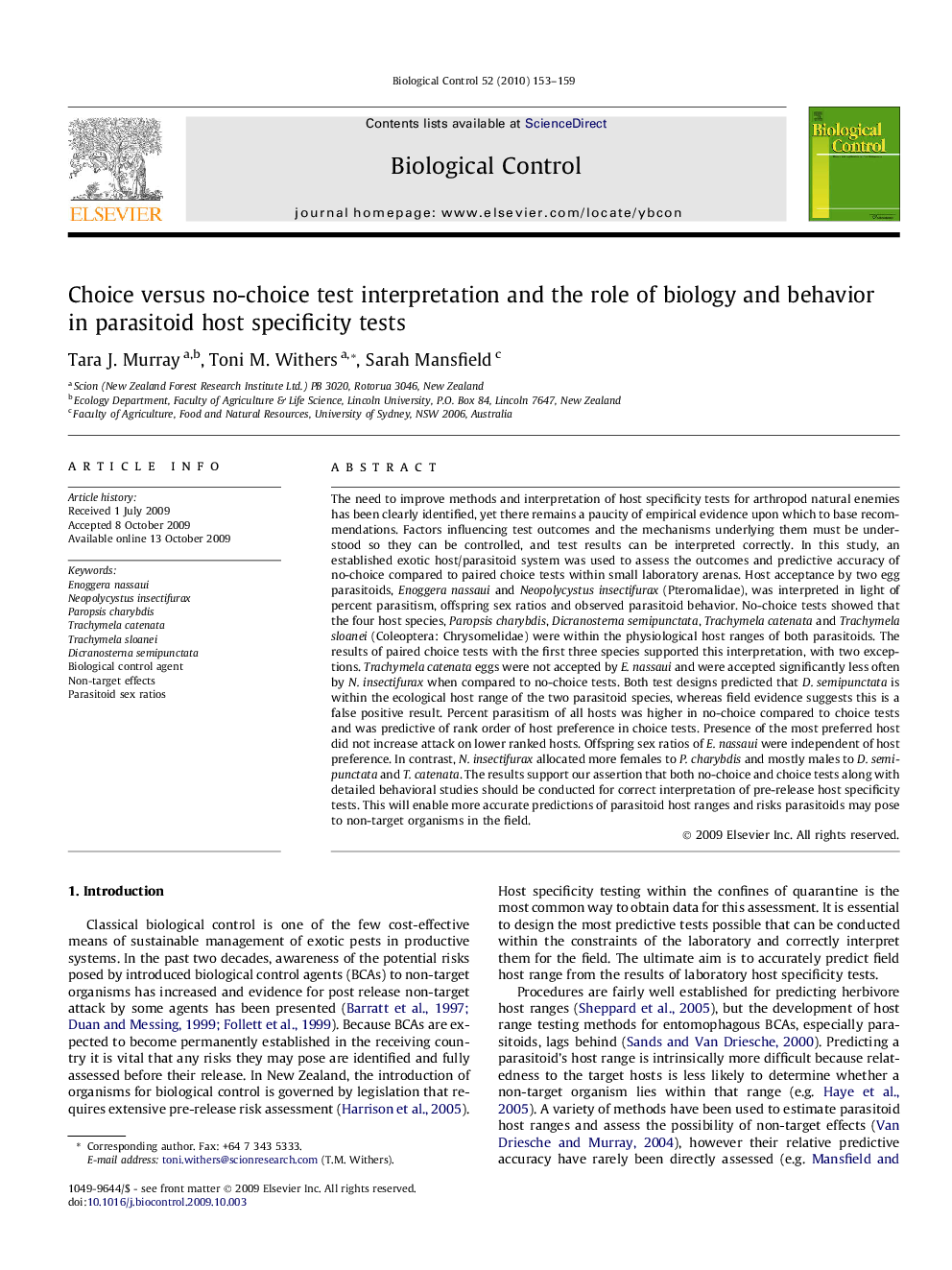 Choice versus no-choice test interpretation and the role of biology and behavior in parasitoid host specificity tests