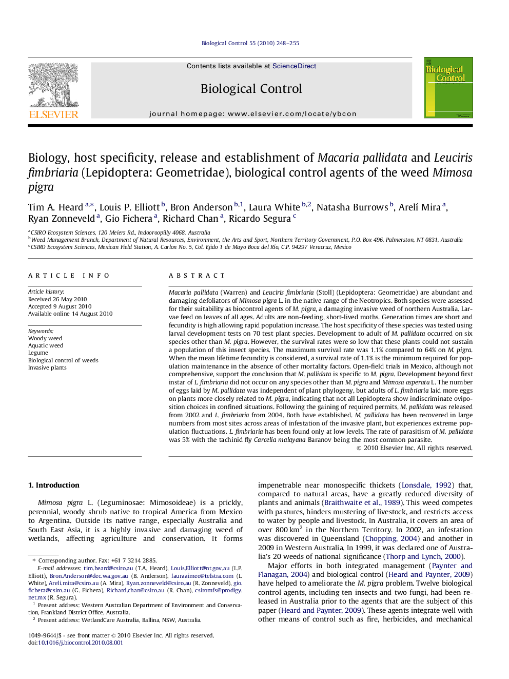 Biology, host specificity, release and establishment of Macaria pallidata and Leuciris fimbriaria (Lepidoptera: Geometridae), biological control agents of the weed Mimosa pigra