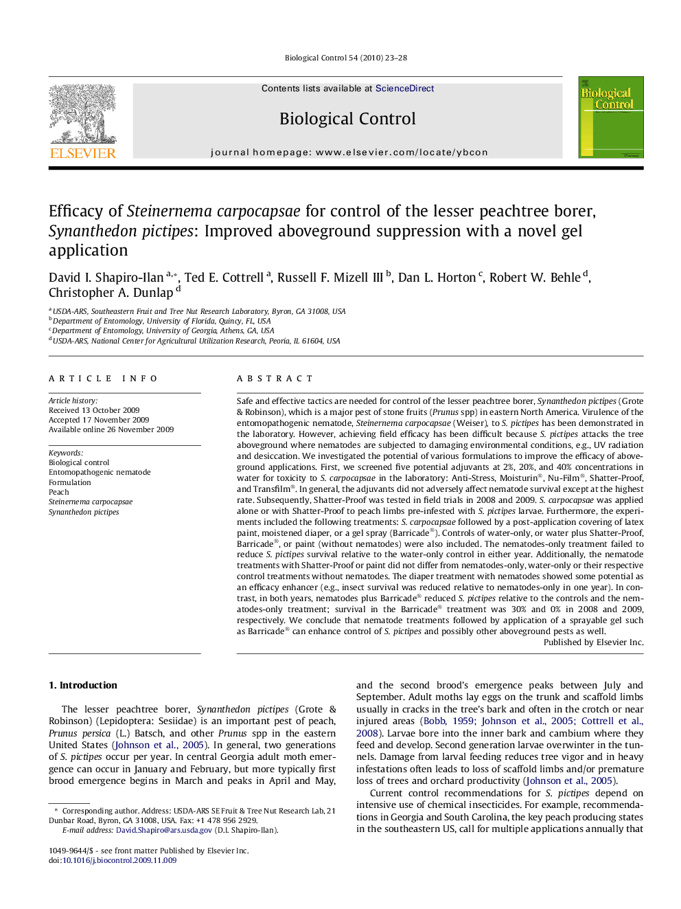 Efficacy of Steinernema carpocapsae for control of the lesser peachtree borer, Synanthedon pictipes: Improved aboveground suppression with a novel gel application