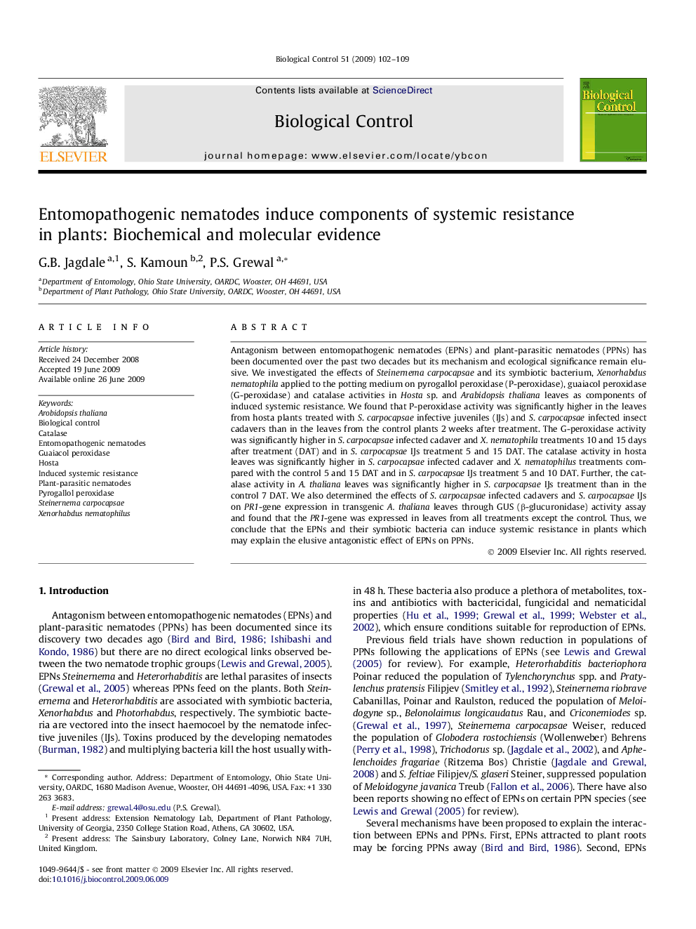 Entomopathogenic nematodes induce components of systemic resistance in plants: Biochemical and molecular evidence