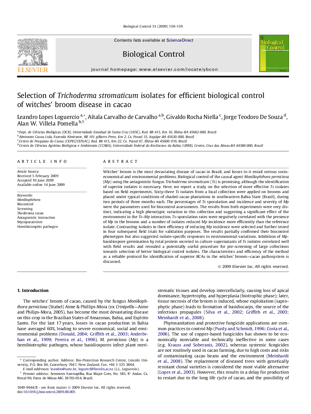 Selection of Trichoderma stromaticum isolates for efficient biological control of witches’ broom disease in cacao