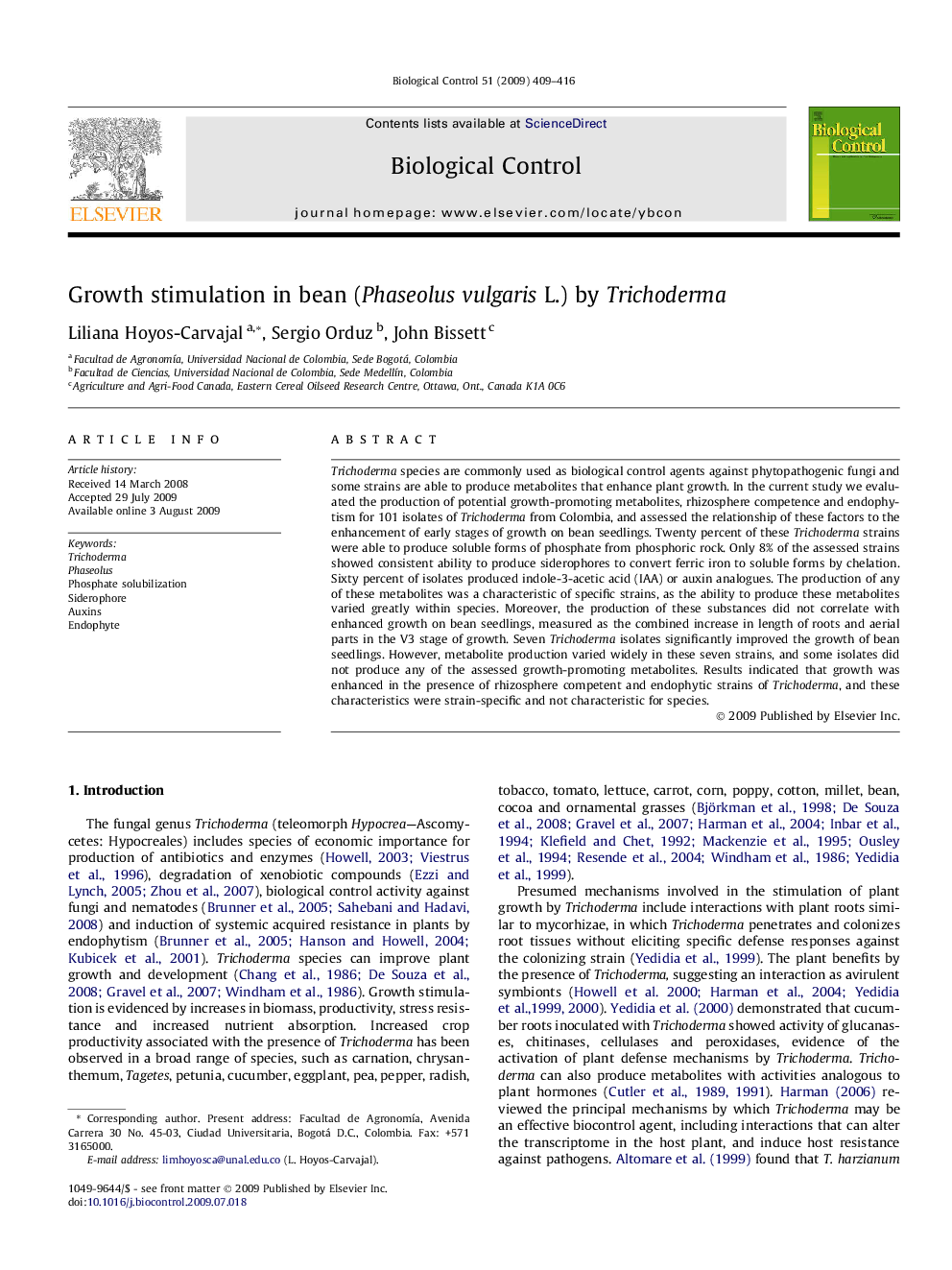 Growth stimulation in bean (Phaseolus vulgaris L.) by Trichoderma