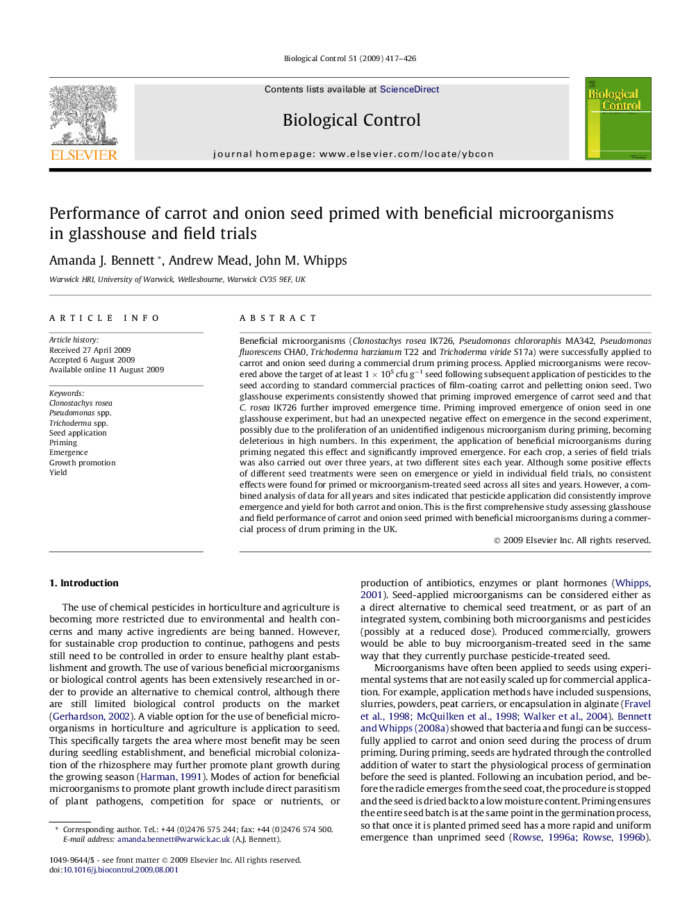 Performance of carrot and onion seed primed with beneficial microorganisms in glasshouse and field trials