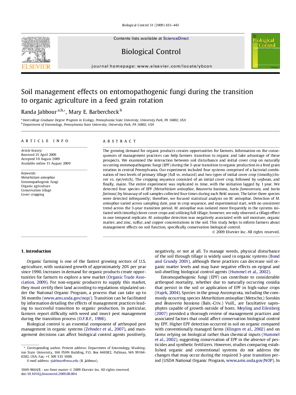 Soil management effects on entomopathogenic fungi during the transition to organic agriculture in a feed grain rotation