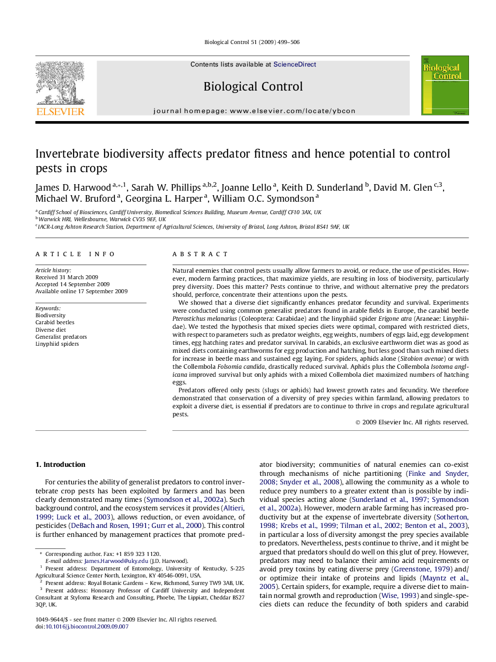 عکس صفحه اول مقاله: Invertebrate biodiversity affects predator fitness and hence potential to control pests in crops Invertebrate biodiversity affects predator fitness and hence potential to control pests in crops