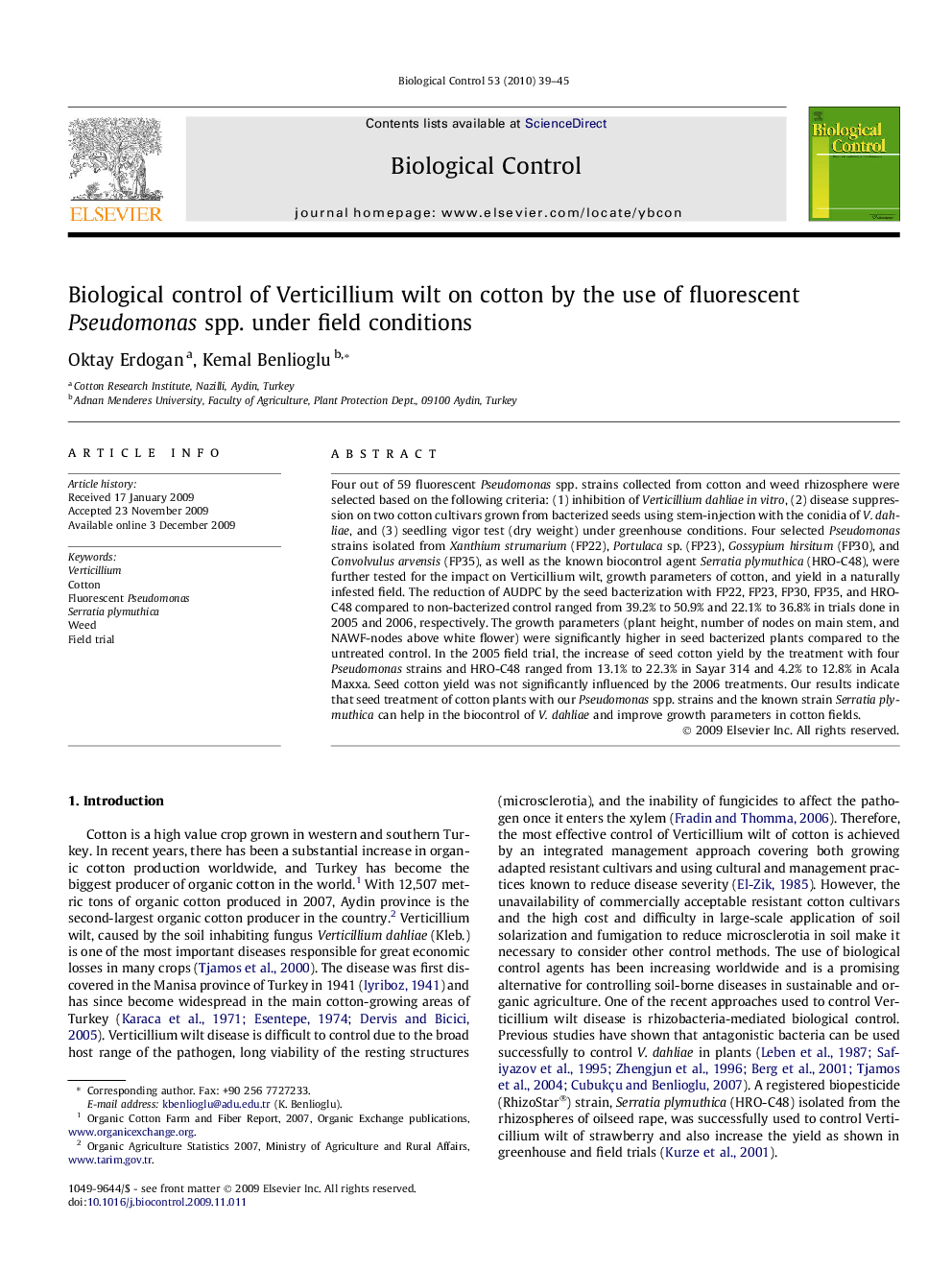 Biological control of Verticillium wilt on cotton by the use of fluorescent Pseudomonas spp. under field conditions