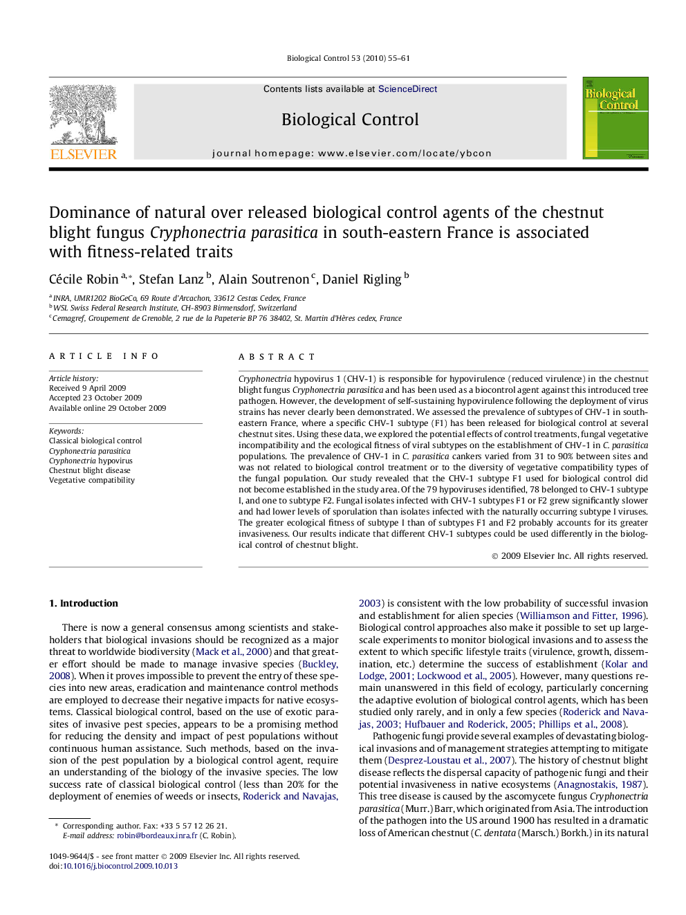 Dominance of natural over released biological control agents of the chestnut blight fungus Cryphonectria parasitica in south-eastern France is associated with fitness-related traits