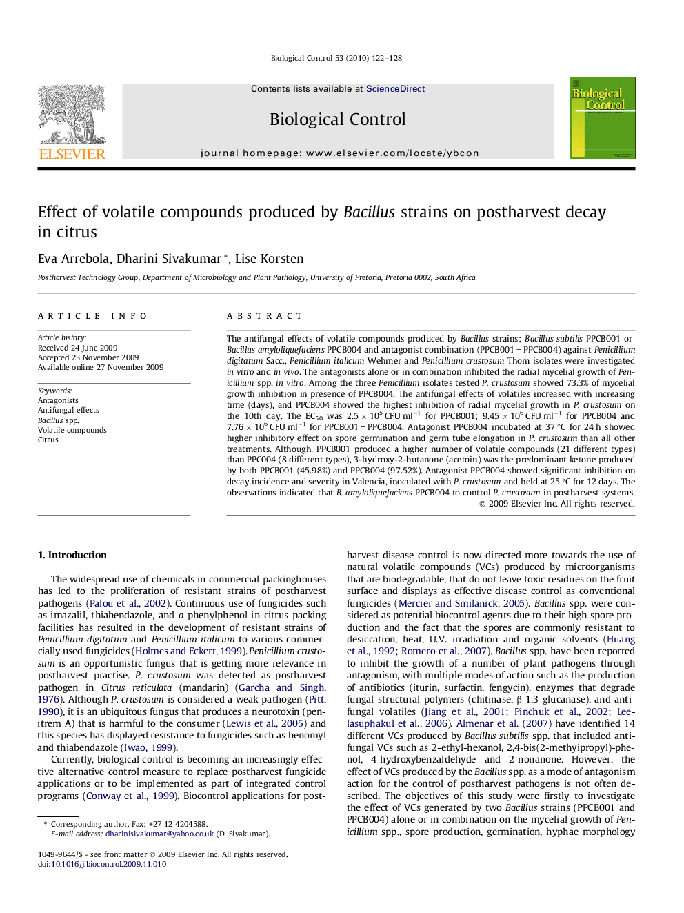 Effect of volatile compounds produced by Bacillus strains on postharvest decay in citrus