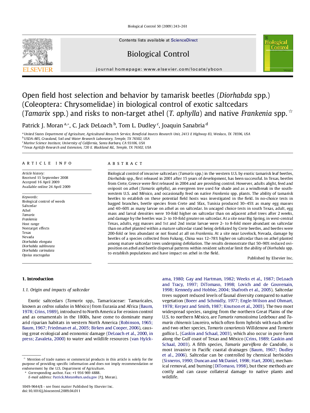 Open field host selection and behavior by tamarisk beetles (Diorhabda spp.) (Coleoptera: Chrysomelidae) in biological control of exotic saltcedars (Tamarix spp.) and risks to non-target athel (T. aphylla) and native Frankenia spp.