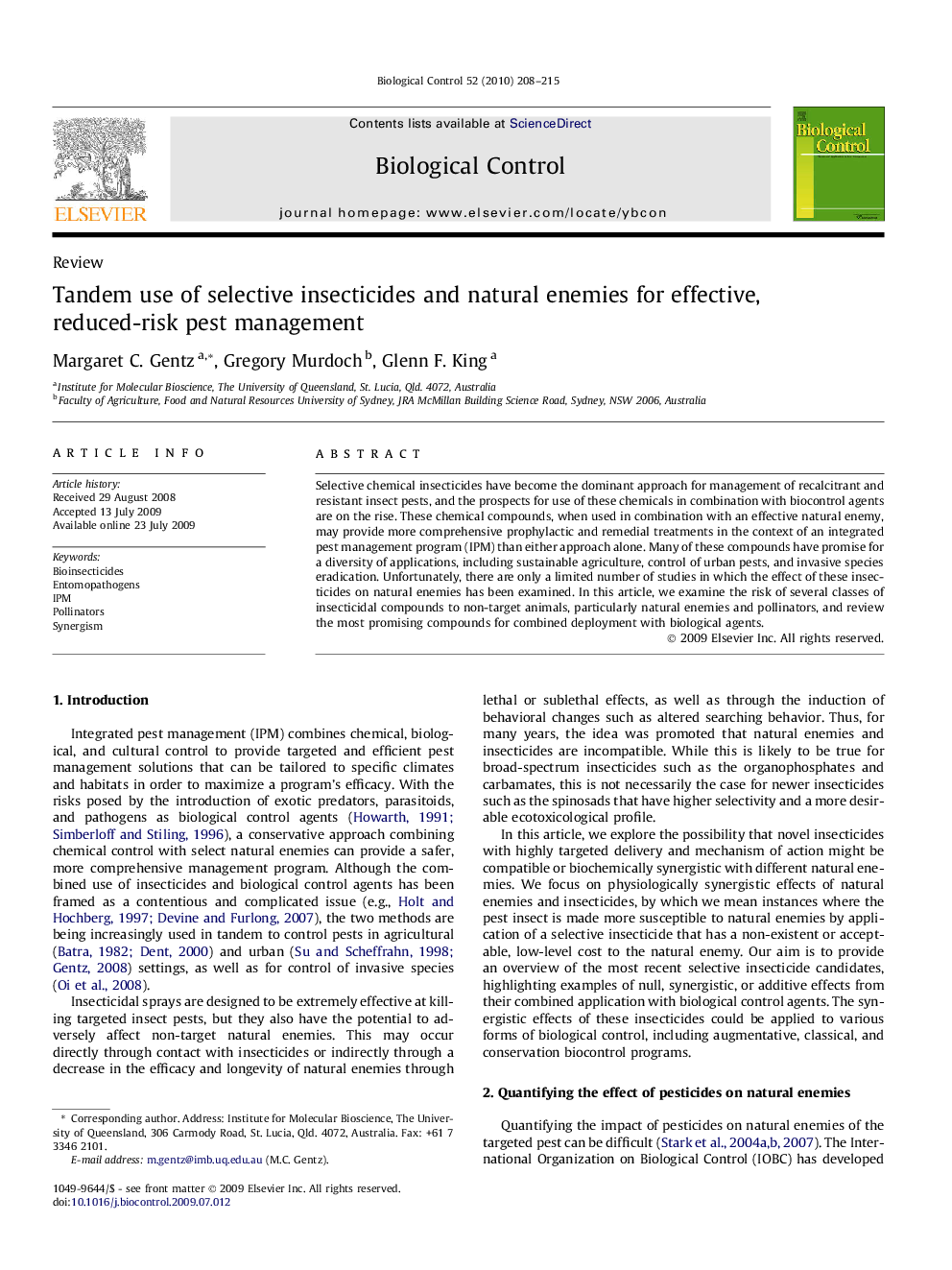 Tandem use of selective insecticides and natural enemies for effective, reduced-risk pest management