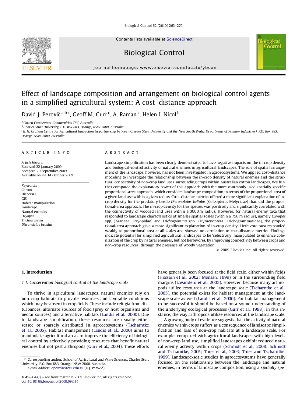 Effect of landscape composition and arrangement on biological control agents in a simplified agricultural system: A cost–distance approach