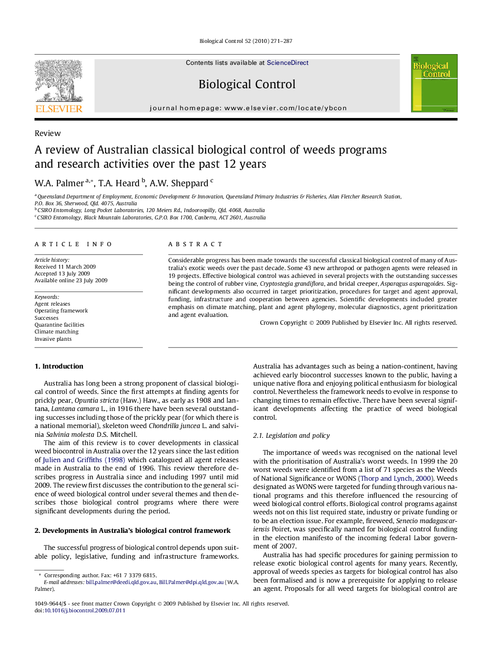 A review of Australian classical biological control of weeds programs and research activities over the past 12 years