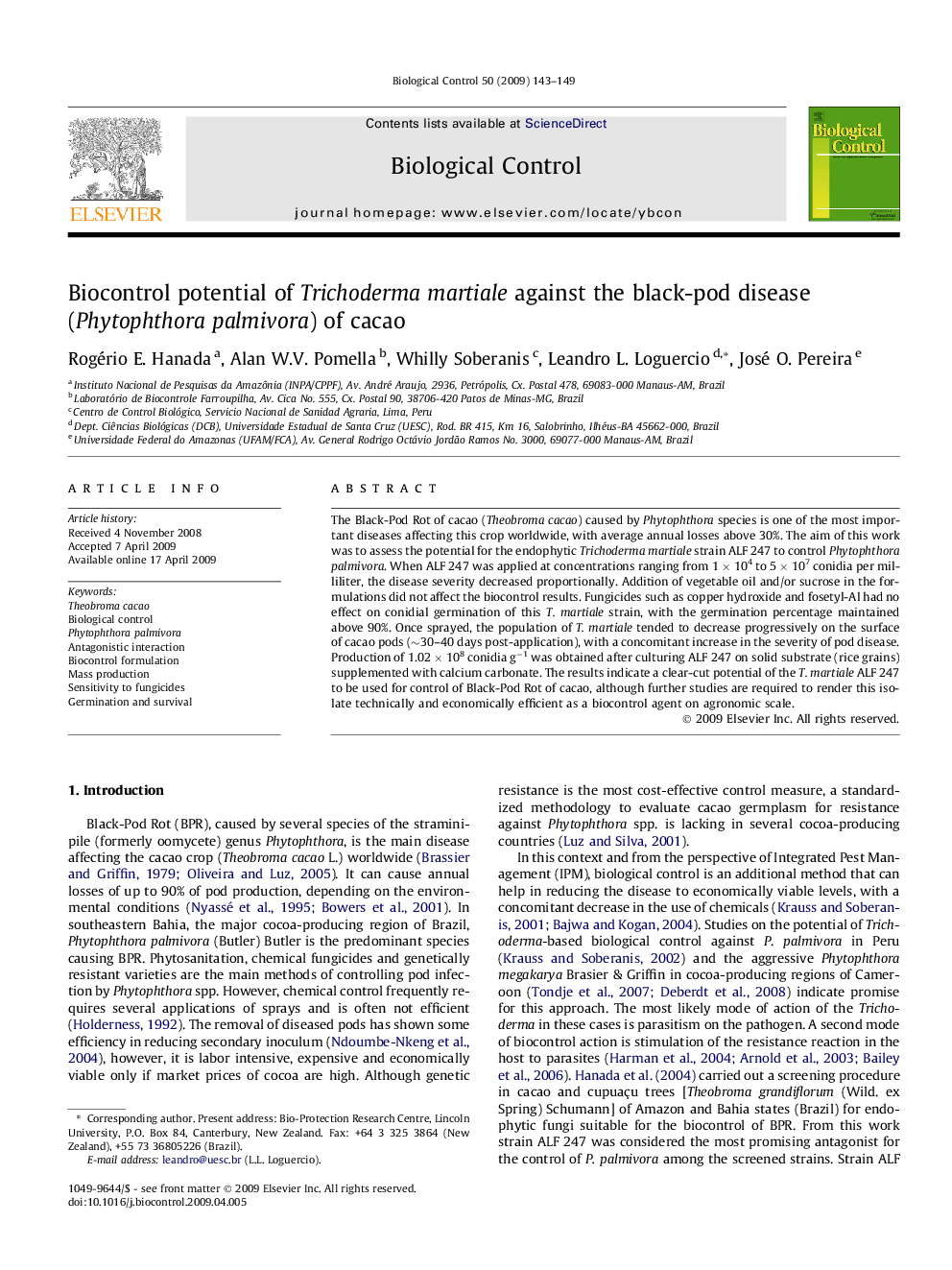 Biocontrol potential of Trichoderma martiale against the black-pod disease (Phytophthora palmivora) of cacao