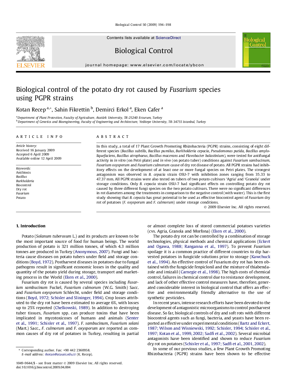 Biological control of the potato dry rot caused by Fusarium species using PGPR strains