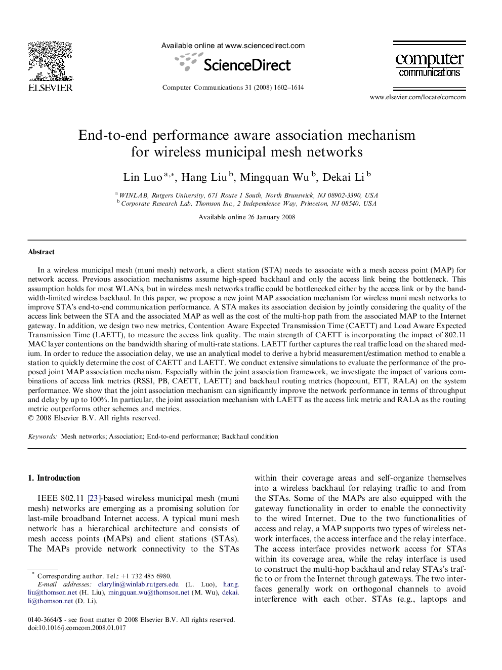 End-to-end performance aware association mechanism for wireless municipal mesh networks