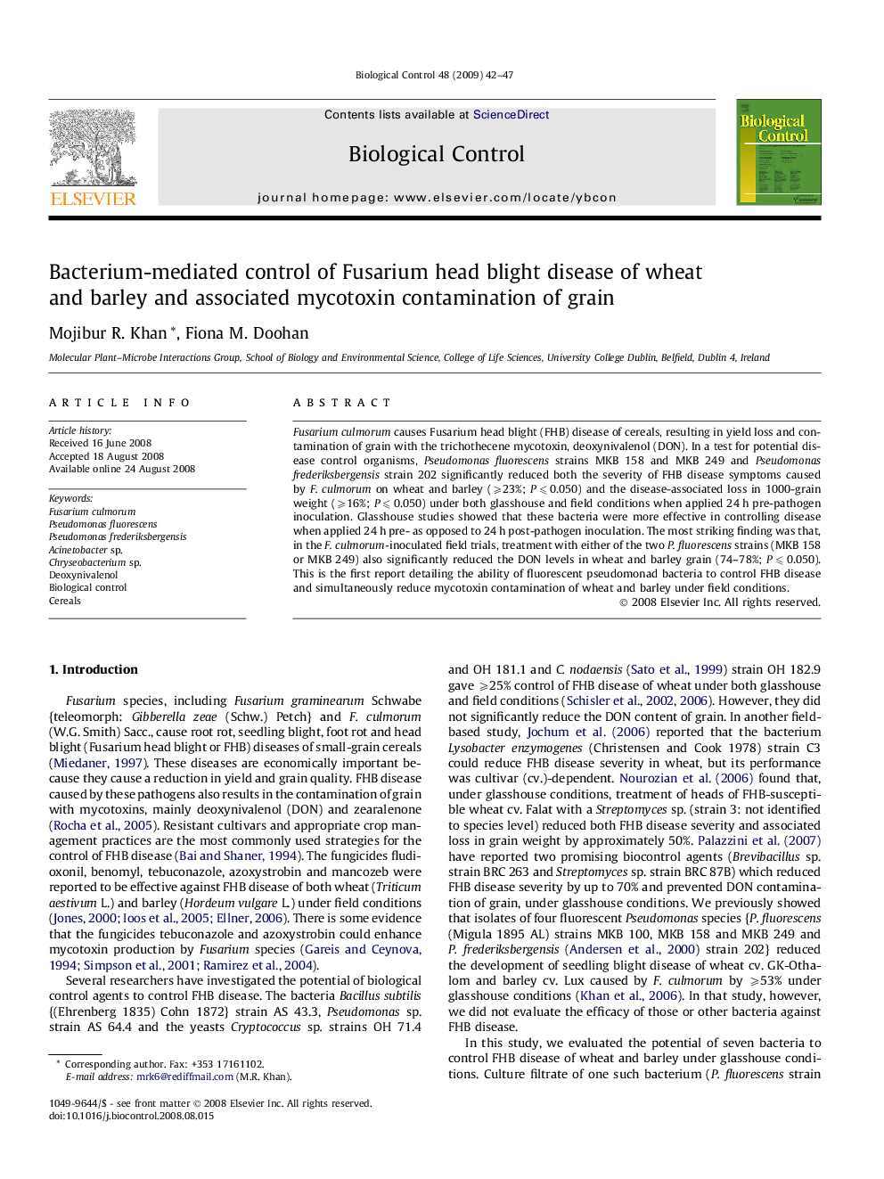 عکس صفحه اول مقاله: Bacterium-mediated control of Fusarium head blight disease of wheat and barley and associated mycotoxin contamination of grain Bacterium-mediated control of Fusarium head blight disease of wheat and barley and associated mycotoxin contamination of grain