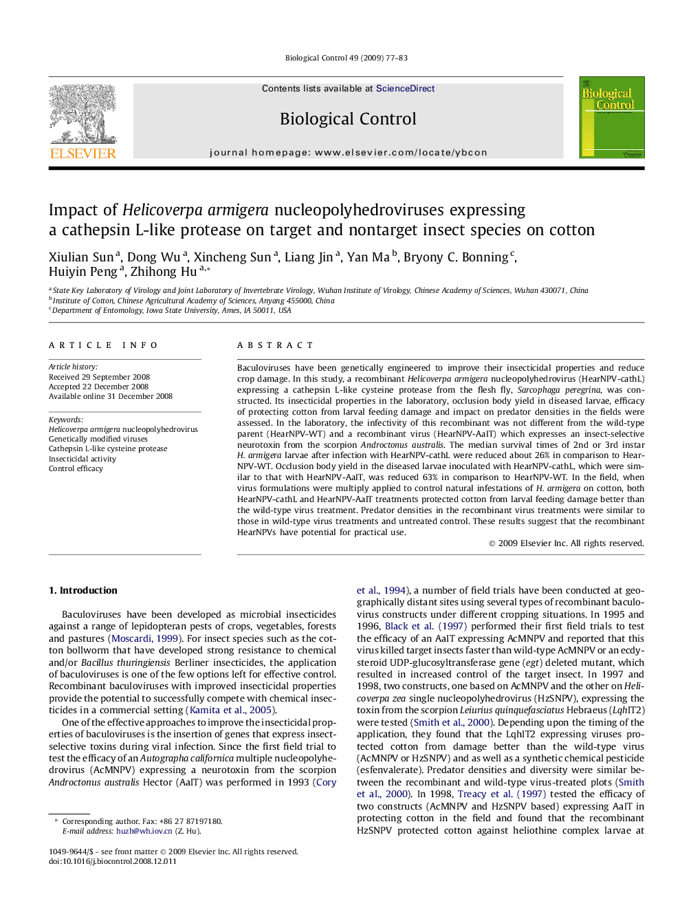 Impact of Helicoverpa armigera nucleopolyhedroviruses expressing a cathepsin L-like protease on target and nontarget insect species on cotton