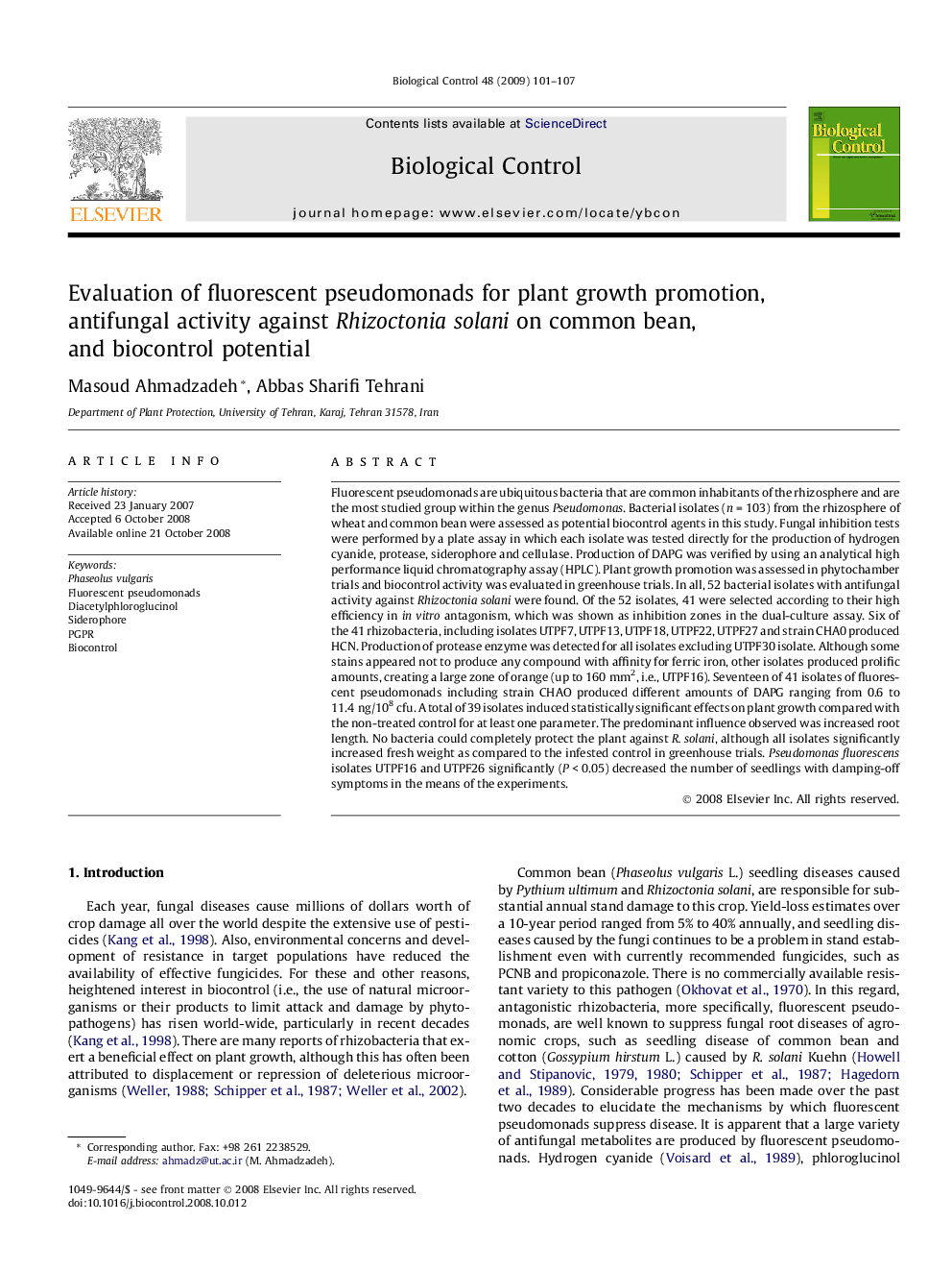 Evaluation of fluorescent pseudomonads for plant growth promotion, antifungal activity against Rhizoctonia solani on common bean, and biocontrol potential