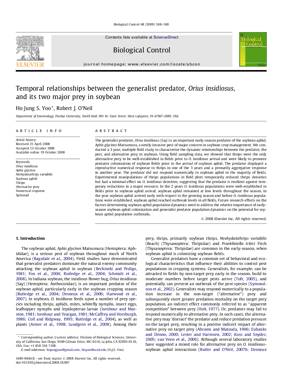 Temporal relationships between the generalist predator, Orius insidiosus, and its two major prey in soybean