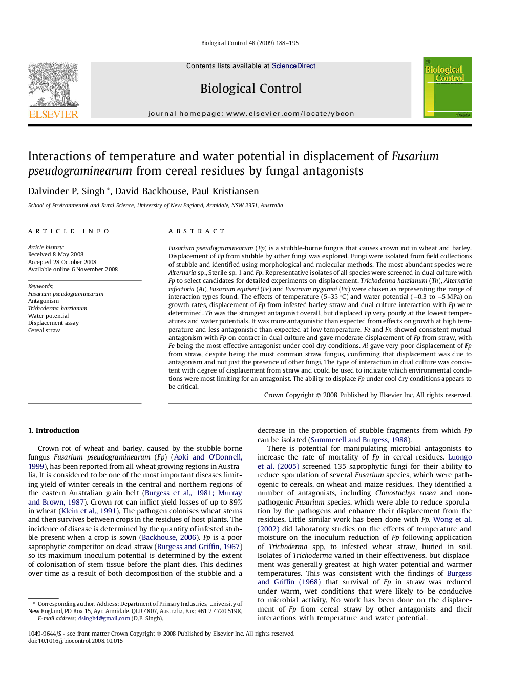 Interactions of temperature and water potential in displacement of Fusarium pseudograminearum from cereal residues by fungal antagonists