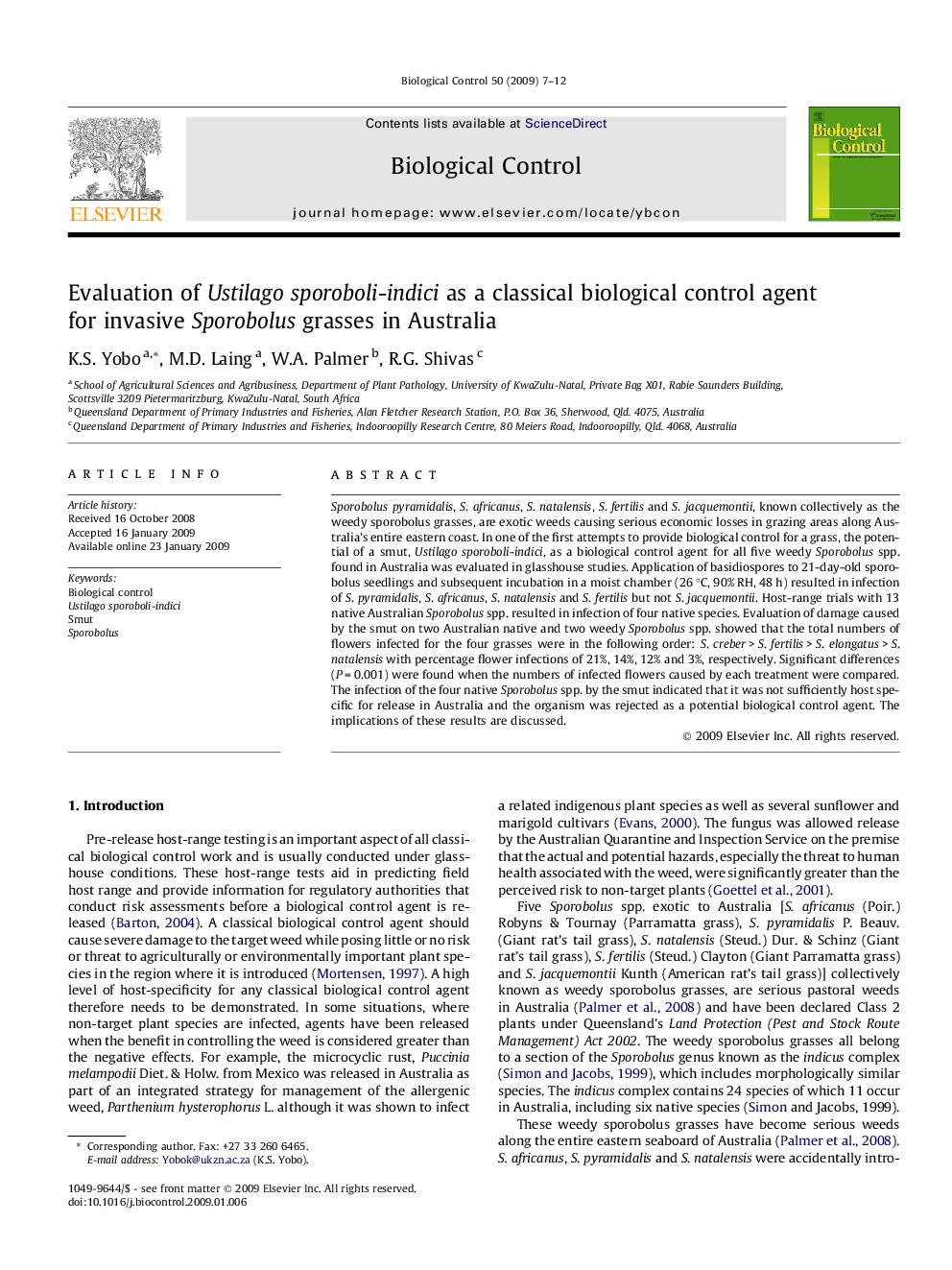 Evaluation of Ustilagosporoboli-indici as a classical biological control agent for invasive Sporobolus grasses in Australia