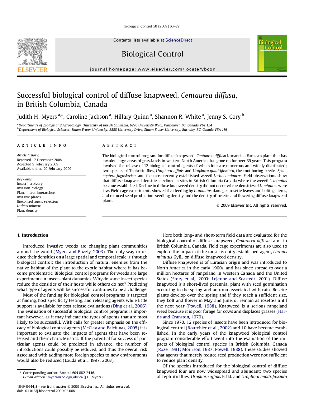 Successful biological control of diffuse knapweed, Centaurea diffusa, in British Columbia, Canada