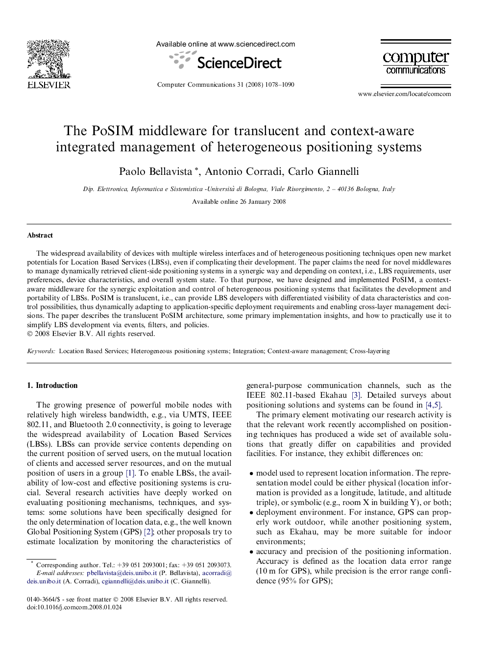 The PoSIM middleware for translucent and context-aware integrated management of heterogeneous positioning systems