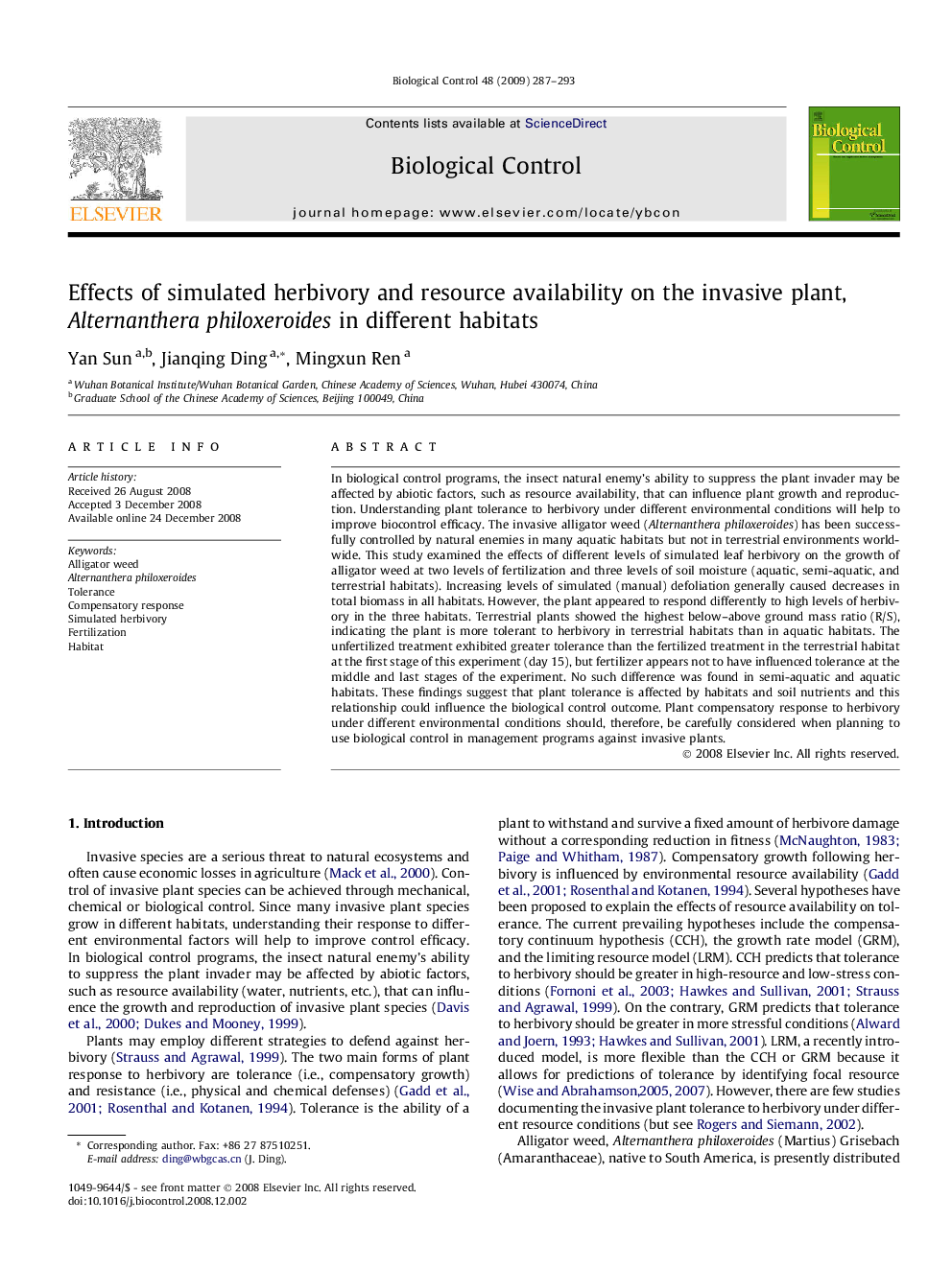 Effects of simulated herbivory and resource availability on the invasive plant, Alternanthera philoxeroides in different habitats