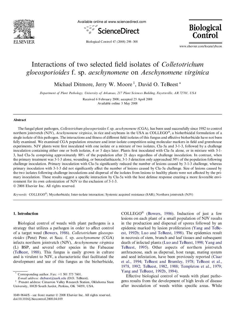 Interactions of two selected field isolates of Colletotrichum gloeosporioides f. sp. aeschynomene on Aeschynomene virginica
