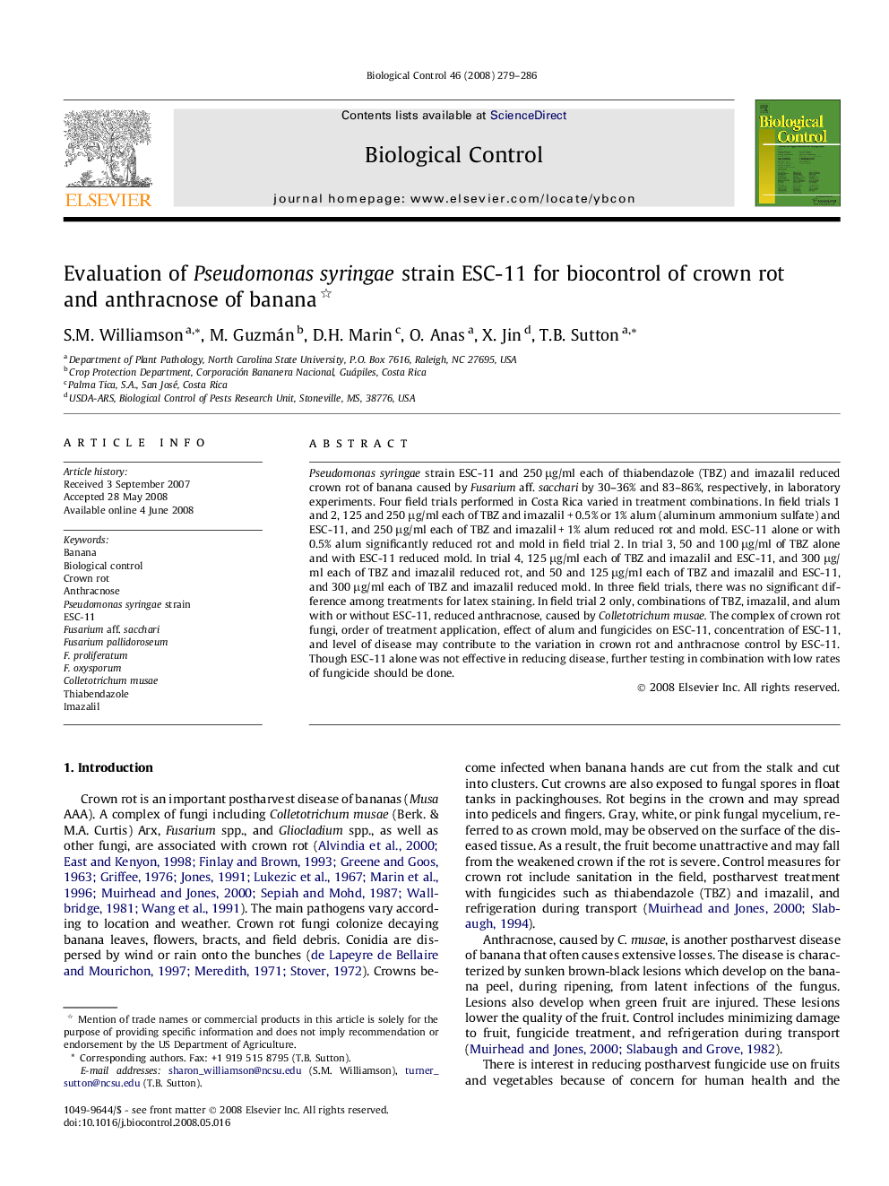 Evaluation of Pseudomonas syringae strain ESC-11 for biocontrol of crown rot and anthracnose of banana