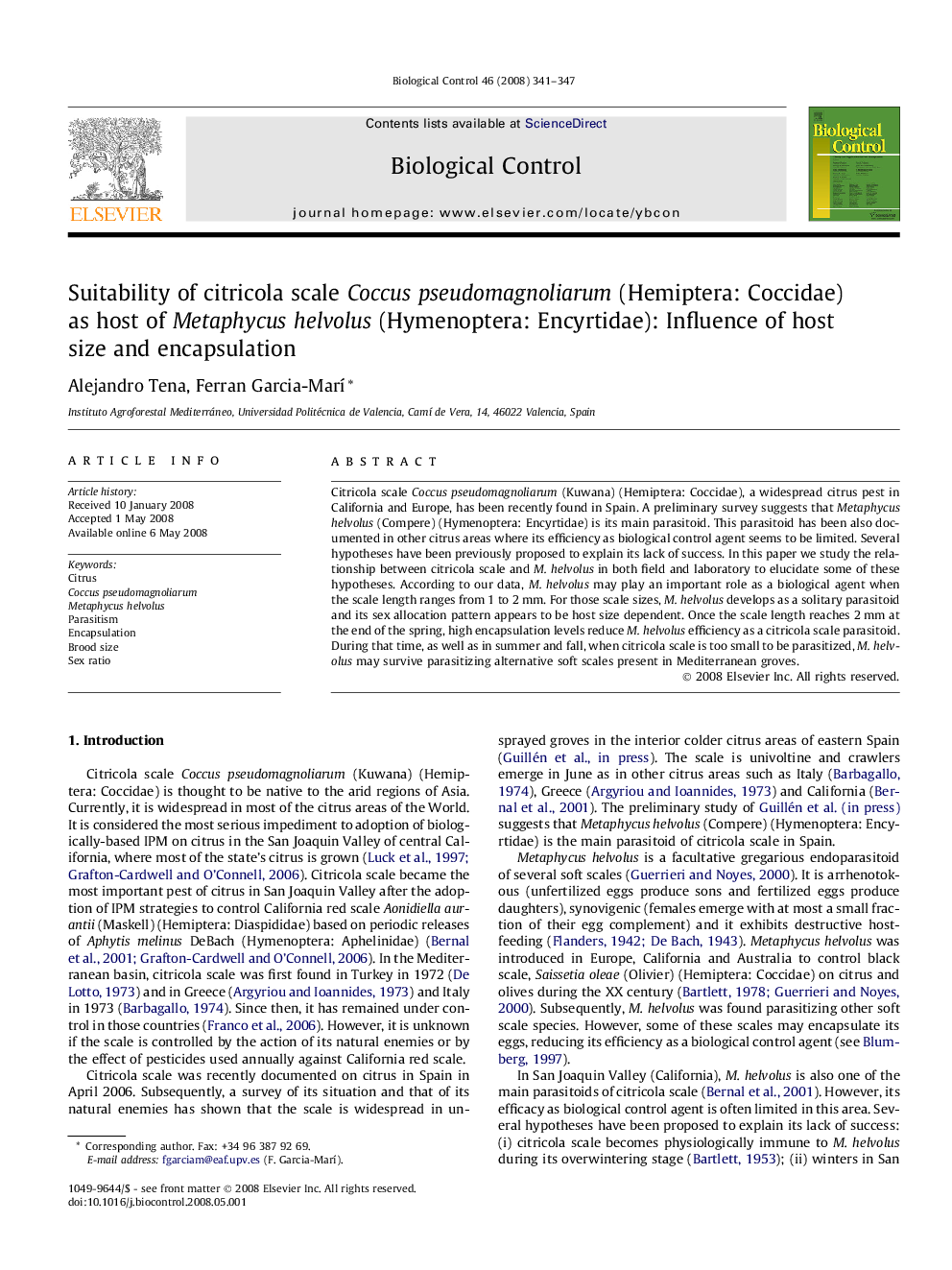 Suitability of citricola scale Coccus pseudomagnoliarum (Hemiptera: Coccidae) as host of Metaphycus helvolus (Hymenoptera: Encyrtidae): Influence of host size and encapsulation