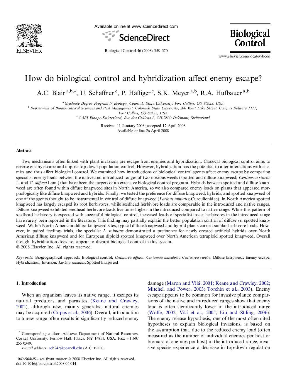 How do biological control and hybridization affect enemy escape?