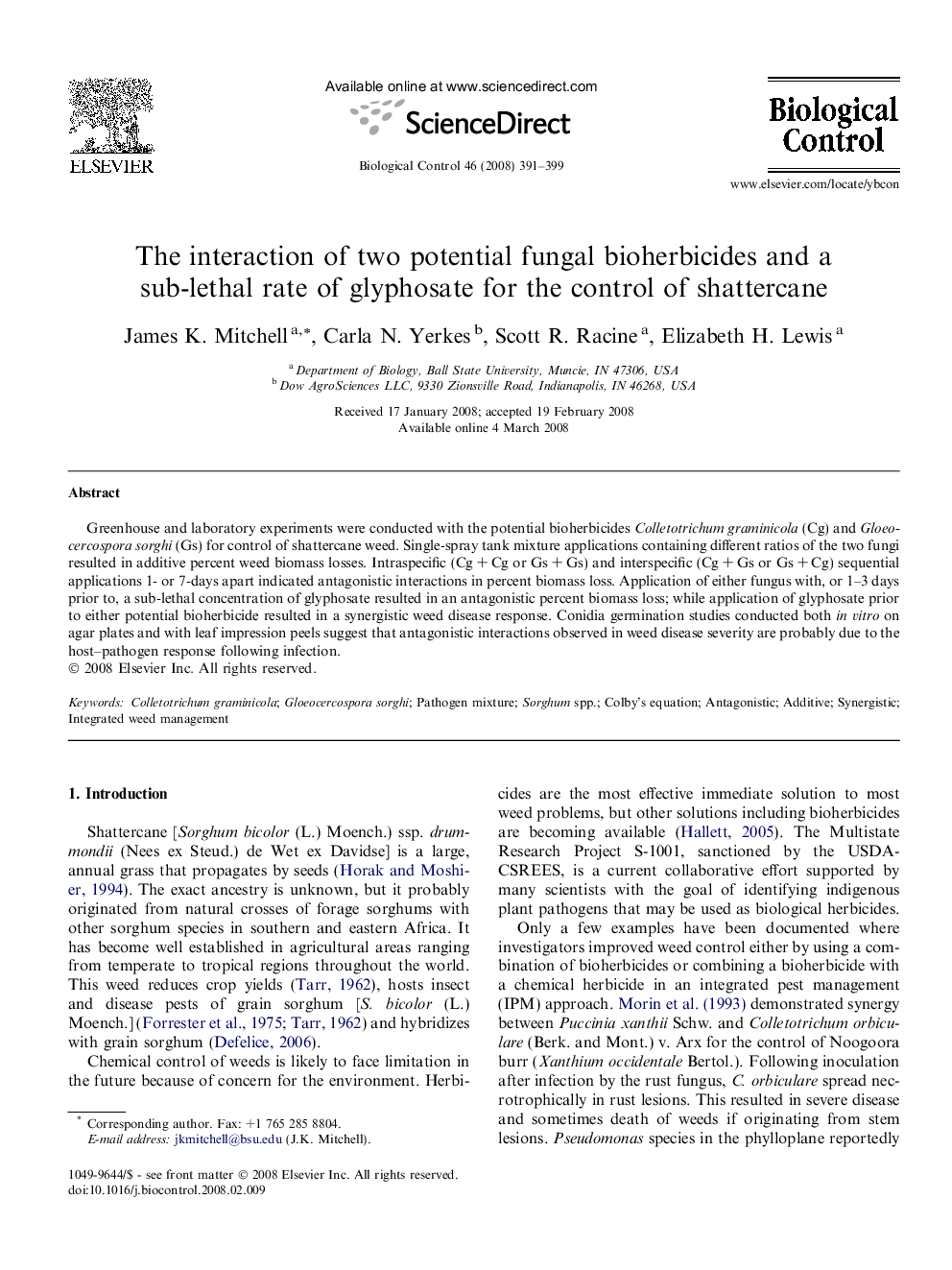 The interaction of two potential fungal bioherbicides and a sub-lethal rate of glyphosate for the control of shattercane