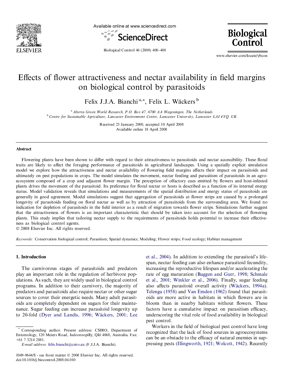 Effects of flower attractiveness and nectar availability in field margins on biological control by parasitoids