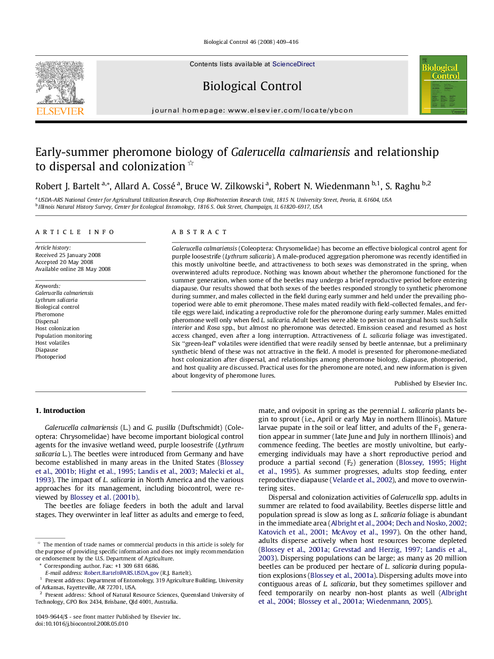 Early-summer pheromone biology of Galerucella calmariensis and relationship to dispersal and colonization