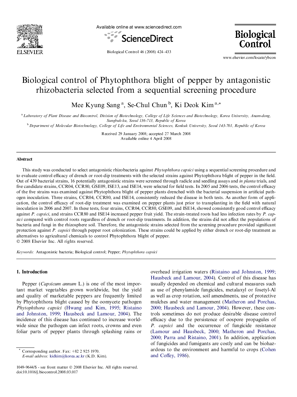 عکس صفحه اول مقاله: Biological control of Phytophthora blight of pepper by antagonistic rhizobacteria selected from a sequential screening procedure Biological control of Phytophthora blight of pepper by antagonistic rhizobacteria selected from a sequential screening procedure