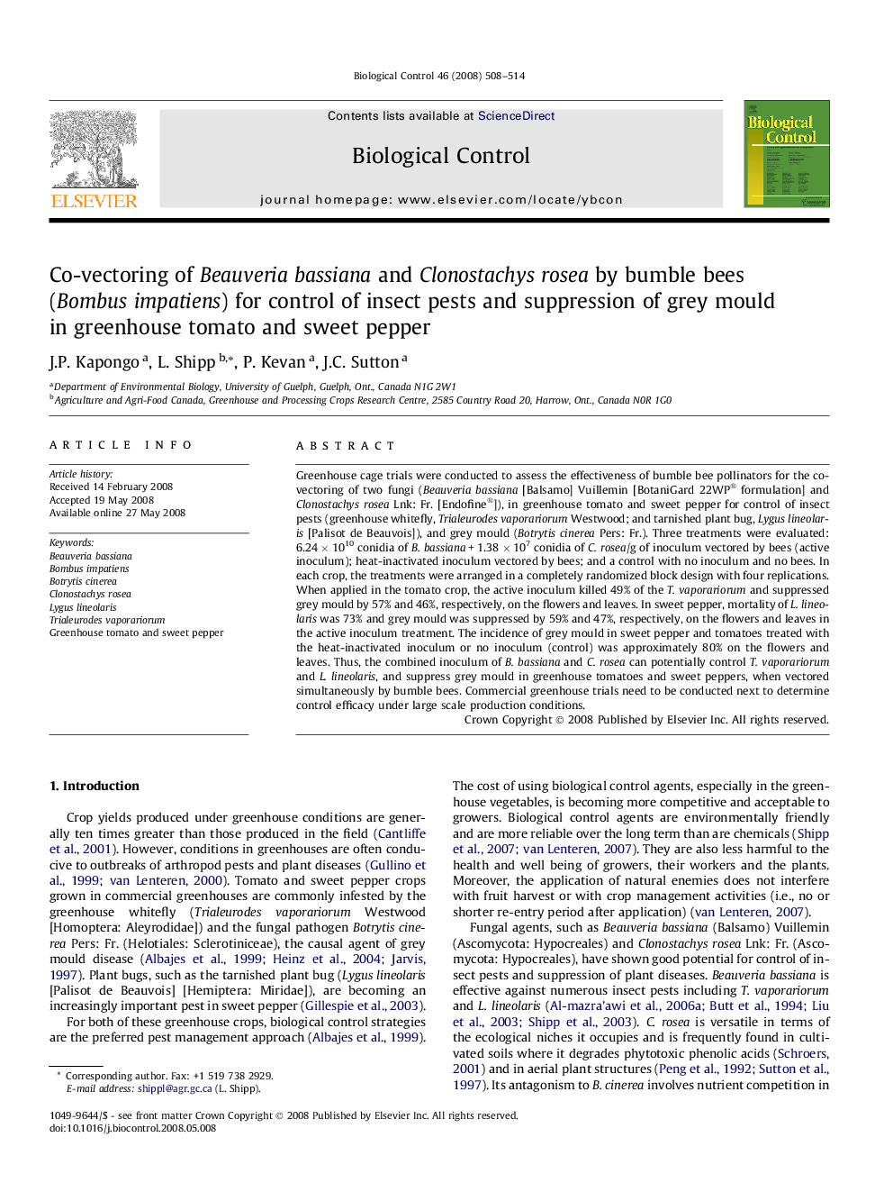 Co-vectoring of Beauveria bassiana and Clonostachys rosea by bumble bees (Bombus impatiens) for control of insect pests and suppression of grey mould in greenhouse tomato and sweet pepper