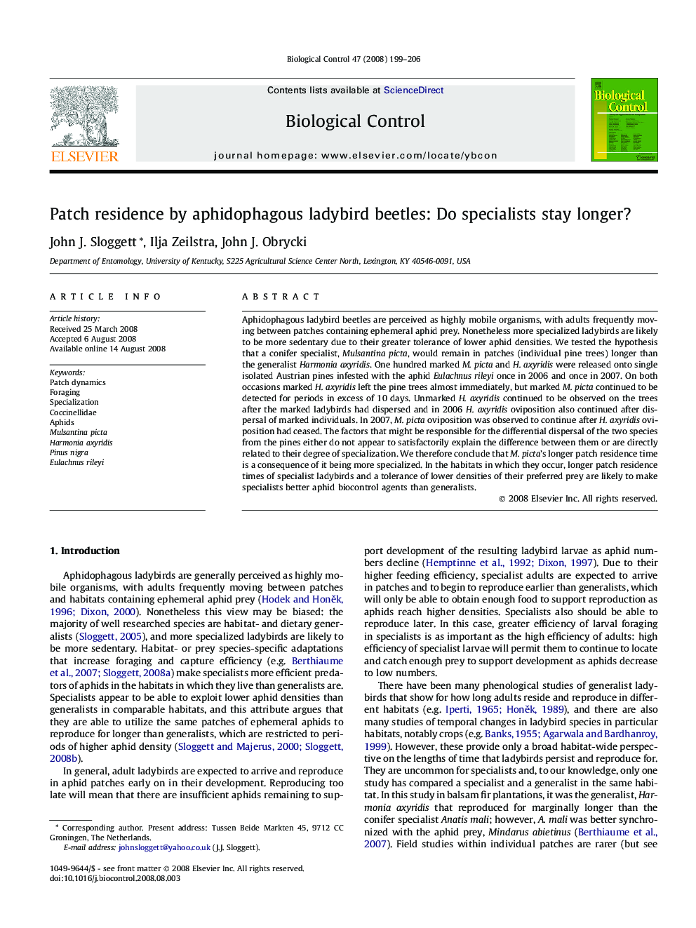 Patch residence by aphidophagous ladybird beetles: Do specialists stay longer?