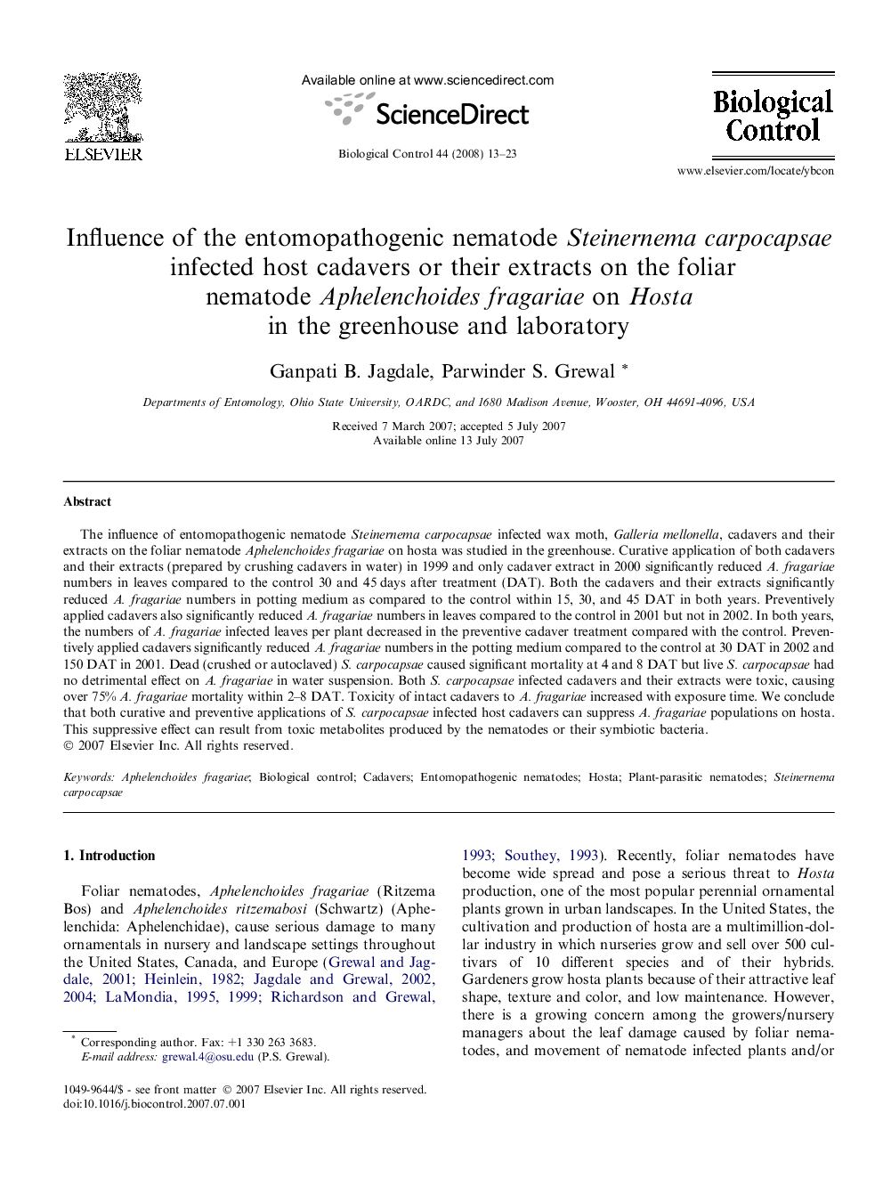 Influence of the entomopathogenic nematode Steinernema carpocapsae infected host cadavers or their extracts on the foliar nematode Aphelenchoides fragariae on Hosta in the greenhouse and laboratory